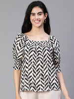 Women Black Zig - Zag Print Square Neck Smocked Short Sleeve Top-S23121WBL003