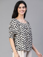 Women Black Zig - Zag Print Square Neck Smocked Short Sleeve Top-S23121WBL003