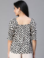 Women Black Zig - Zag Print Square Neck Smocked Short Sleeve Top-S23121WBL003