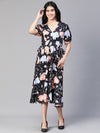 Women Black Floral Print Tie-Up Long Flared Dress-S23122WDR003