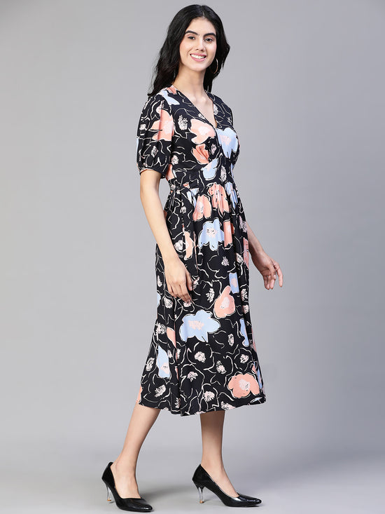 Women Black Floral Print Tie-Up Long Flared Dress-S23122WDR003