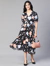 Women Black Floral Print Tie-Up Long Flared Dress-S23122WDR003