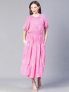 Women Pink Floral Print Round Neck Long Maxi Dress-S23123WDR001