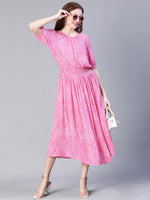 Women Pink Floral Print Round Neck Long Maxi Dress-S23123WDR001