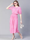 Women Pink Floral Print Round Neck Long Maxi Dress-S23123WDR001