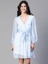 Women Blue Floral Print Elasticatedtie-Knot V- Neck Flared Dress-S23126WDR001