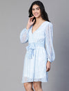 Women Blue Floral Print Elasticatedtie-Knot V- Neck Flared Dress-S23126WDR001