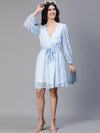 Women Blue Floral Print Elasticatedtie-Knot V- Neck Flared Dress-S23126WDR001