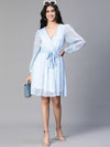 Women Blue Floral Print Elasticatedtie-Knot V- Neck Flared Dress-S23126WDR001