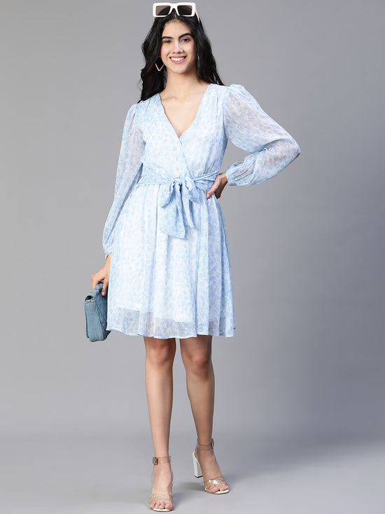 Women Blue Floral Print Elasticatedtie-Knot V- Neck Flared Dress-S23126WDR001