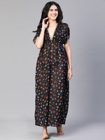 Women Black Floral Print Laced & Elasticatedslit Maxi Beachwear Dress-S23127WBW003