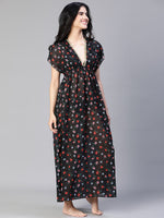 Women Black Floral Print Laced & Elasticatedslit Maxi Beachwear Dress-S23127WBW003