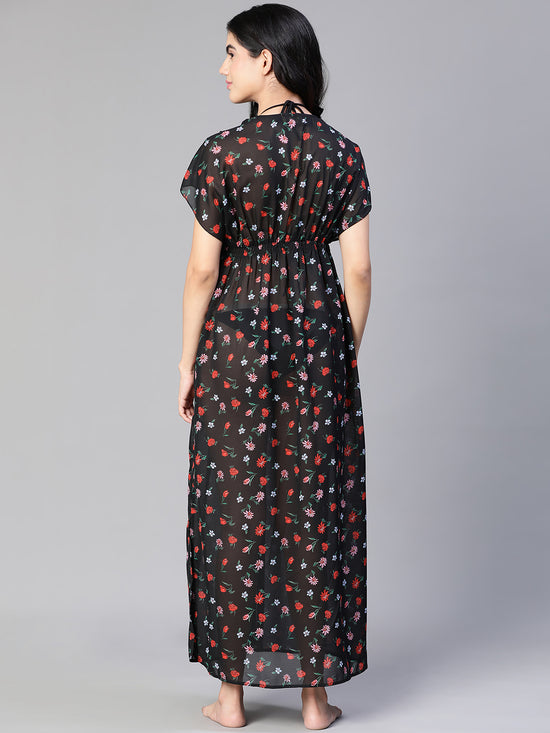 Women Black Floral Print Laced & Elasticatedslit Maxi Beachwear Dress-S23127WBW003