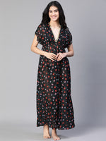 Women Black Floral Print Laced & Elasticatedslit Maxi Beachwear Dress-S23127WBW003