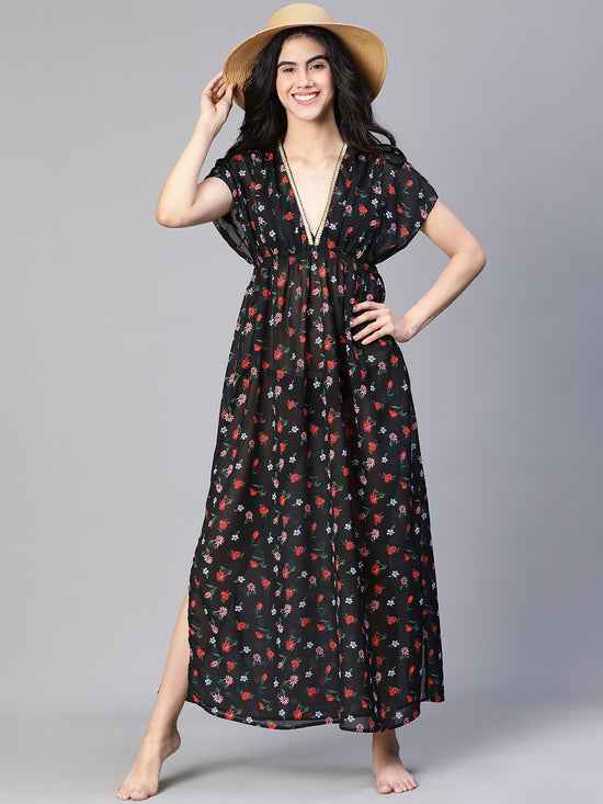 Women Black Floral Print Laced & Elasticatedslit Maxi Beachwear Dress-S23127WBW003