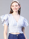 Women Blue Stripe Print Smocked V-Neck Crop Top-S23132WBL002