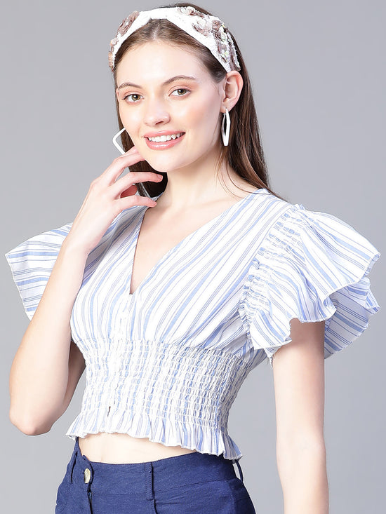 Women Blue Stripe Print Smocked V-Neck Crop Top-S23132WBL002