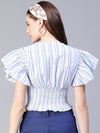 Women Blue Stripe Print Smocked V-Neck Crop Top-S23132WBL002