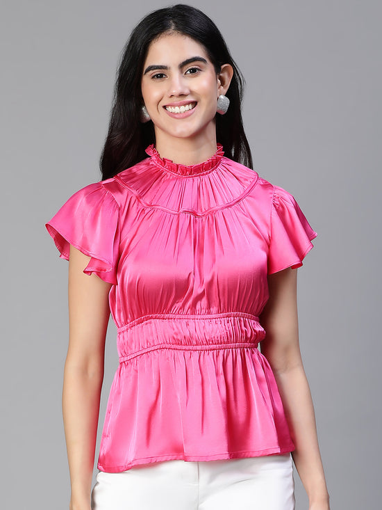 Women  Pink Round Neck Ruffle Elasticatedsatin Party Top-S23133WBL002