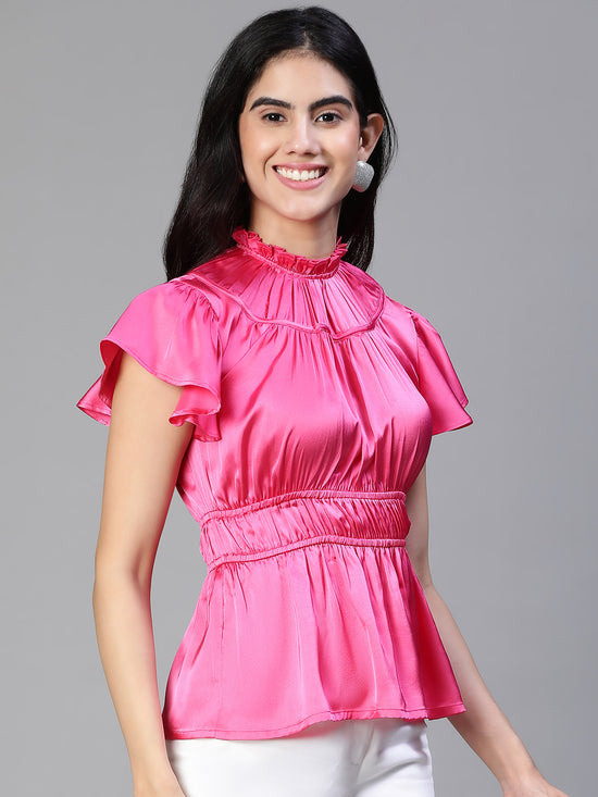 Women  Pink Round Neck Ruffle Elasticatedsatin Party Top-S23133WBL002