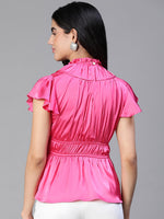 Women  Pink Round Neck Ruffle Elasticatedsatin Party Top-S23133WBL002