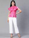 Women  Pink Round Neck Ruffle Elasticatedsatin Party Top-S23133WBL002