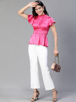 Women  Pink Round Neck Ruffle Elasticatedsatin Party Top-S23133WBL002