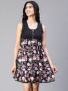 Women Black Floral Print Round Neck Sleeveless Buttoned Dress-S23134WDR001