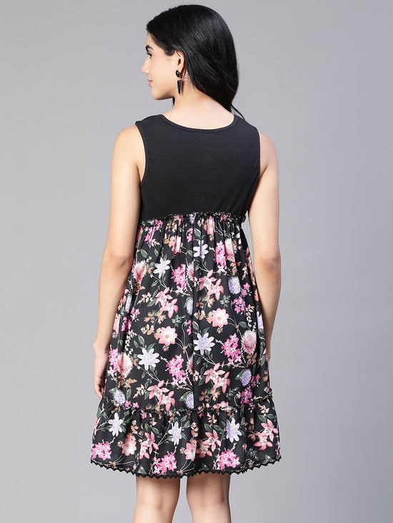 Women Black Floral Print Round Neck Sleeveless Buttoned Dress-S23134WDR001