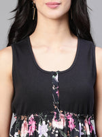 Women Black Floral Print Round Neck Sleeveless Buttoned Dress-S23134WDR001