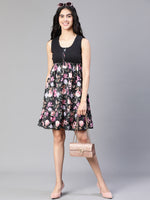 Women Black Floral Print Round Neck Sleeveless Buttoned Dress-S23134WDR001