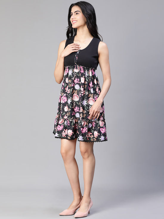 Women Black Floral Print Round Neck Sleeveless Buttoned Dress-S23134WDR001