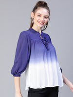 Women Blue Round Neck Tie-Up Tie Dye Top-S23141WBL003