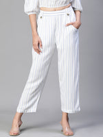 Women White Stripe Print Elasticated& Buttoned Cotton  Pant-S23145WP0005