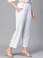 Women White Stripe Print Elasticated& Buttoned Cotton  Pant-S23145WP0005