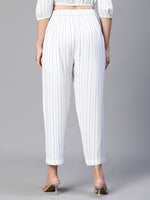 Women White Stripe Print Elasticated& Buttoned Cotton  Pant-S23145WP0005