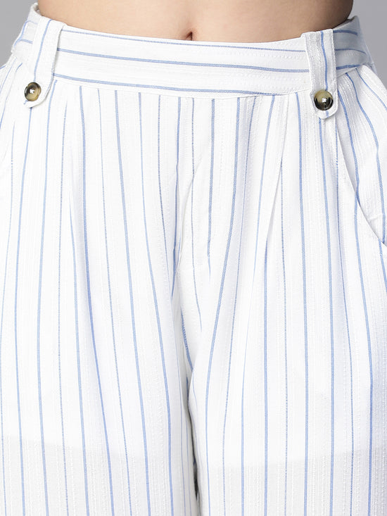 Women White Stripe Print Elasticated& Buttoned Cotton  Pant-S23145WP0005