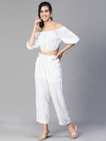 Women White Stripe Print Elasticated& Buttoned Cotton  Pant-S23145WP0005