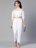 Women White Stripe Print Elasticated& Buttoned Cotton  Pant-S23145WP0005