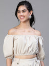 Women Beige Round Neck Elasticatedshort Sleeve Cotton Crop Top-S23146WBL002