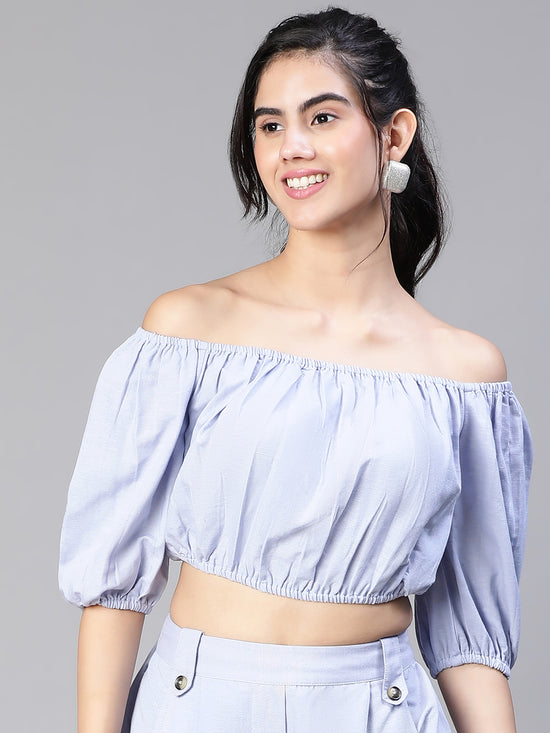 Women Blue Round Neck Elasticatedshort Sleeve Cotton Crop Top-S23146WBL003