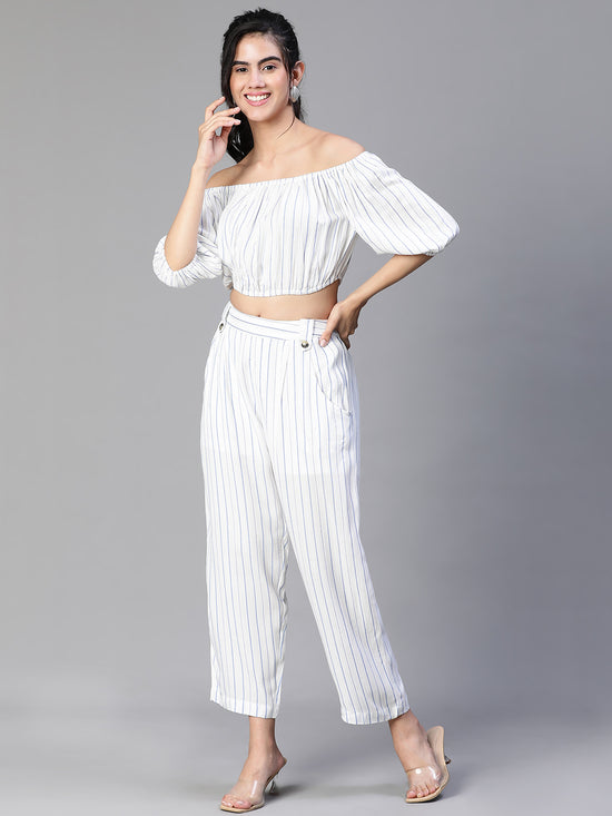 Women White Stripe Print Round Neck Elasticatedshort Sleeve Cotton Crop Top-S23146WBL005