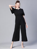 Women Black Smocked V-Neck Short Sleeve Jumpsuit-S23159WOV002