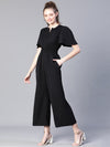 Women Black Smocked V-Neck Short Sleeve Jumpsuit-S23159WOV002