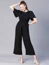 Women Black Smocked V-Neck Short Sleeve Jumpsuit-S23159WOV002