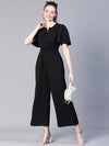 Women Black Smocked V-Neck Short Sleeve Jumpsuit-S23159WOV002