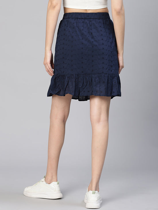 Women Blue Schiffli Cotton With Lining Skirt-S23222WSK002