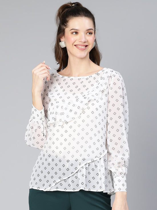 Women White Printed Ruffled Polyester  Top-S23245WBL001