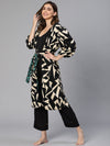 Women Black Abstract Print Belted Polyester Nightwear Cover Up-S23260WNW001