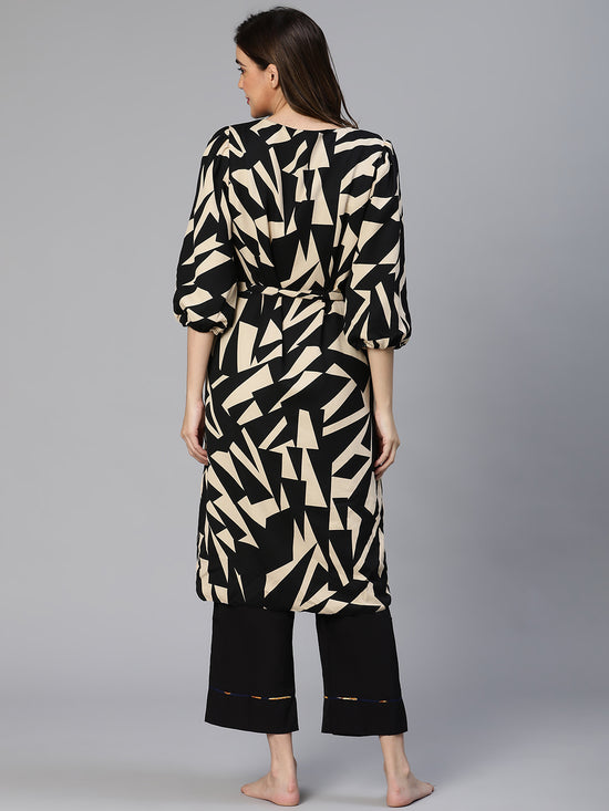 Women Black Abstract Print Belted Polyester Nightwear Cover Up-S23260WNW001